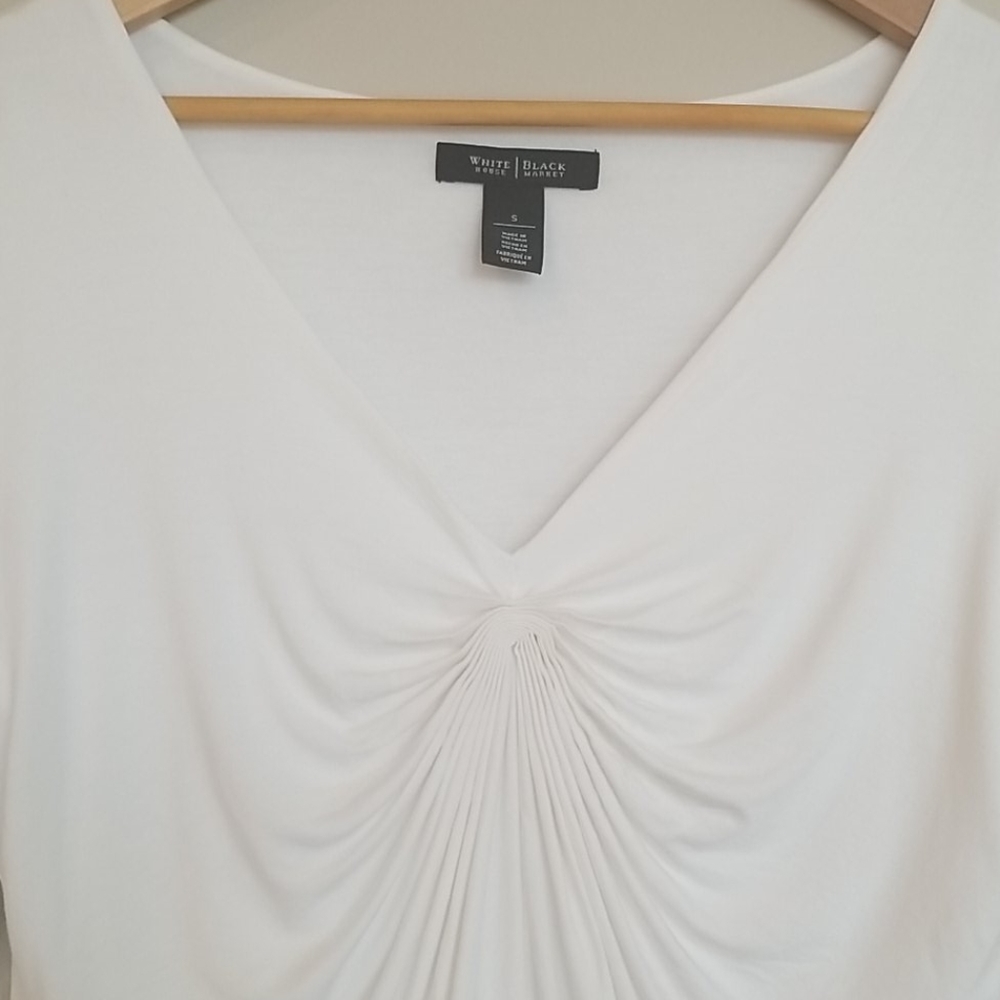 WHBM Long Sleeve V-Neck Top, Cream, Small, Front Ruching, Layered, EUC - Picture 2 of 4